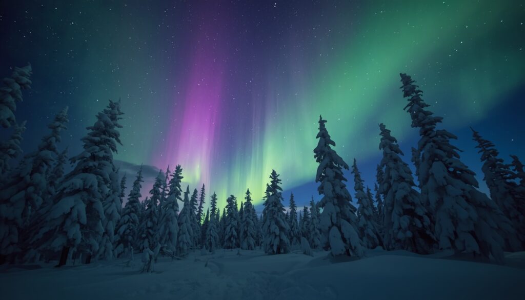Aurora boreal verde e roxa sobre floresta de pinheiros coberta de neve na Lapônia finlandesa