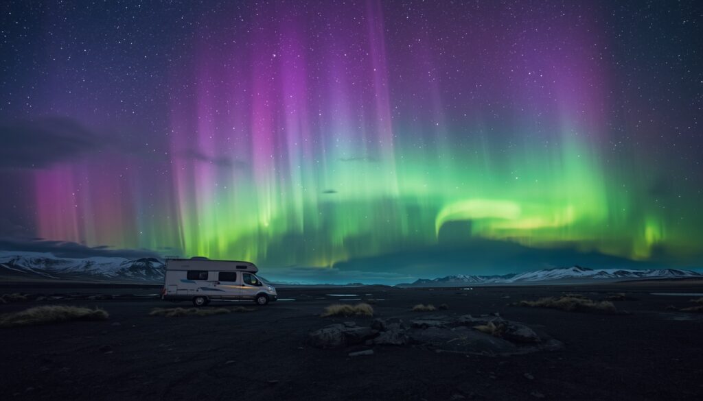 Aurora boreal verde sobre o Parque Nacional Thingvellir na Islândia em noite estrelada de inverno 2026