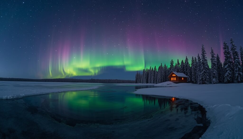 Aurora boreal verde sobre lago congelado na Lapônia finlandesa no inverno — a realidade do clima extremo para quem quer morar na Finlândia