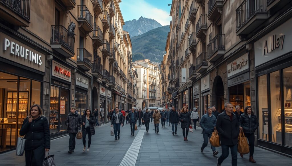 Avenida Meritxell em Andorra la Vella com fileira de lojas duty free de perfumes, eletrônicos e bebidas, a principal rua de compras do principado em 2026