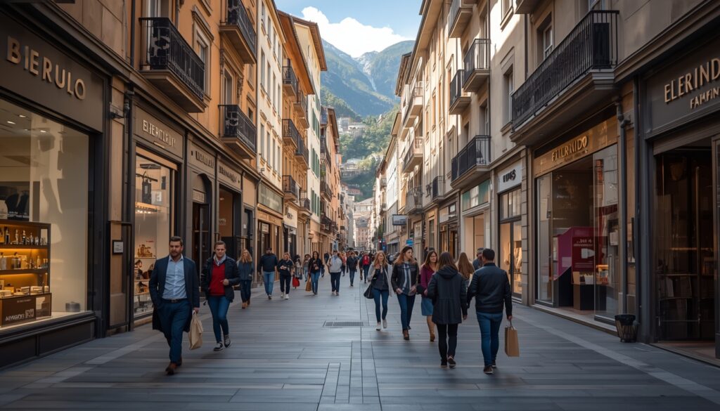 Avenida Meritxell em Andorra la Vella com fileira de lojas duty free de perfumes, eletrônicos e bebidas, a principal rua de compras do principado em 2026
