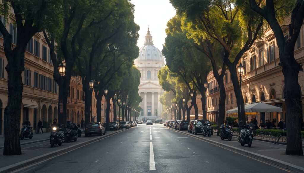 Morar no Vaticano em 2026: é possível? Guia completo para brasileiros Rua do bairro Prati em Roma com vista para a cúpula da Basílica de São Pedro ao fundo, alternativa de moradia para quem trabalha no Vaticano em 2026