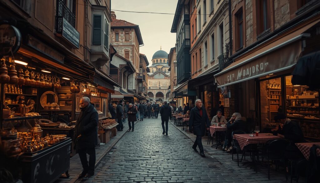 Seguro Viagem para Bósnia e Herzegovina 2026: Guia Completo Rua de pedra do bazar otomano Baščaršija em Sarajevo, Bósnia e Herzegovina, com artesãos trabalhando cobre, cafeterias tradicionais e a Mesquita de Gazi Husrev-beg ao fundo