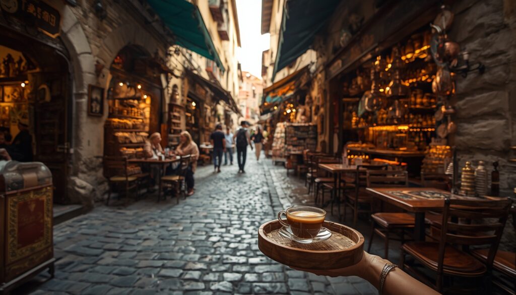 Ruas do bazar histórico Baščaršija em Sarajevo com lojas artesanais, cafés e turistas — coração cultural da Bósnia e Herzegovina e ponto de encontro da comunidade de expatriados
