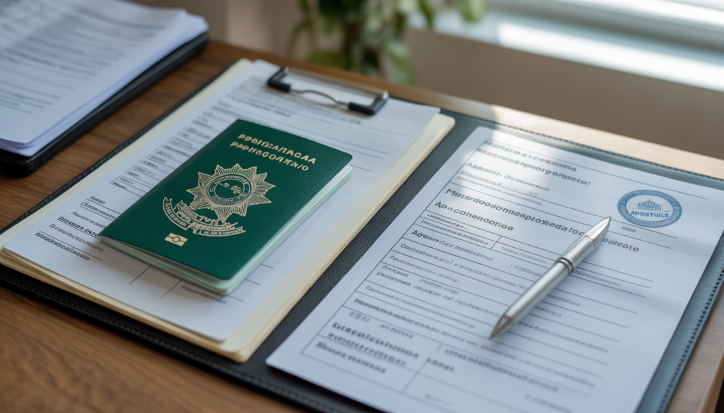 Diploma universitário apostilado e documentos organizados em francês para processo de autorização de trabalho em Mônaco para brasileiros em 2026
