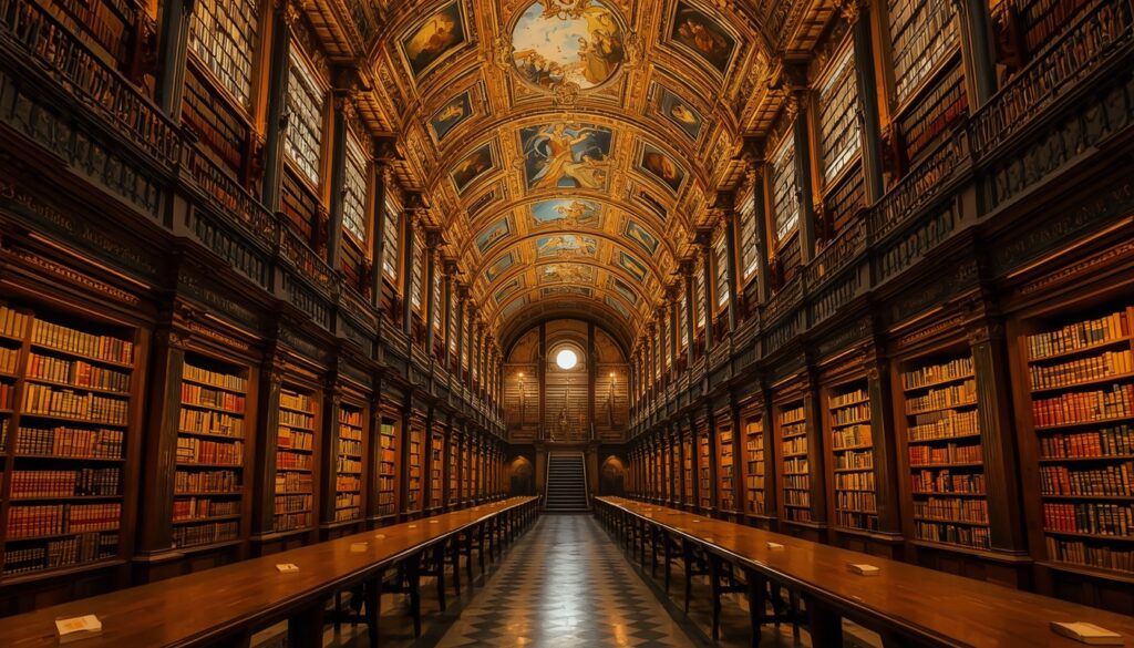 trabalhar no Vaticano Interior da Biblioteca Apostólica Vaticana com estantes de livros históricos e iluminação clássica