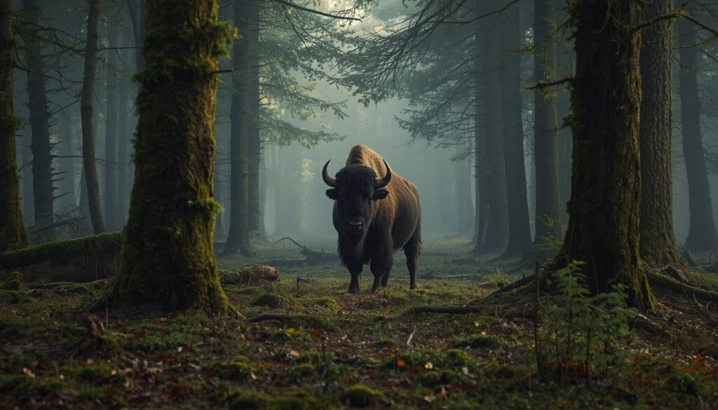 Bisão europeu em liberdade na Floresta de Belovezhskaya Pushcha, Belarus, Patrimônio da UNESCO e destino de ecoturismo para quem viaja para Belarus