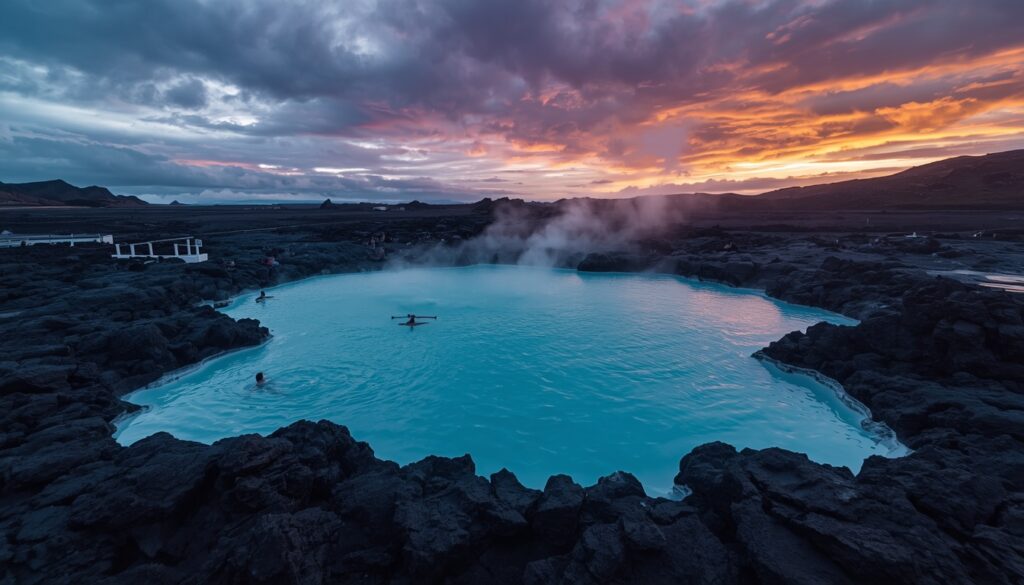 Banhistas na Blue Lagoon Islândia com vapores das águas termais azuis e lava rochosa ao fundo 2026