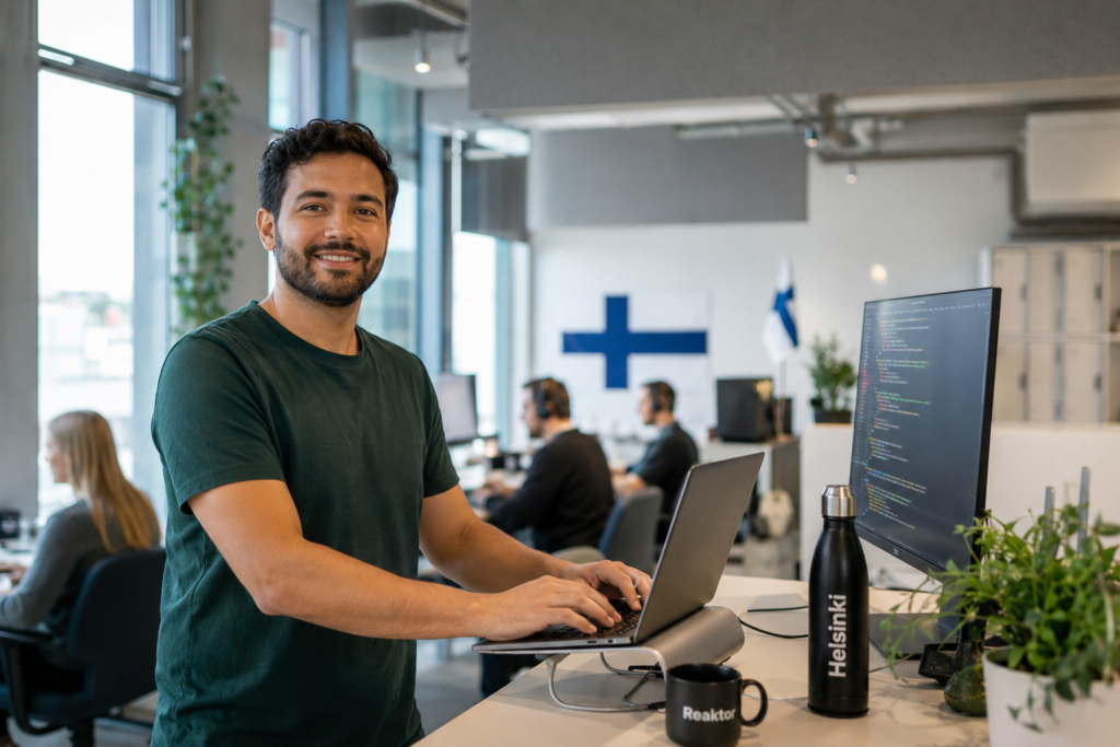 Profissional brasileiro trabalhando em escritório moderno em Helsinque, Finlândia — oportunidades de trabalho para brasileiros no setor de tecnologia em 2026