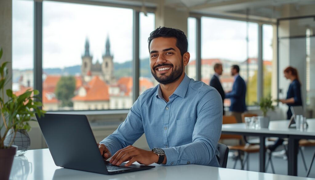 Jovem profissional brasileiro sorridente trabalhando em laptop em escritório moderno em Praga República Tcheca com a skyline histórica da cidade ao fundo pelas janelas