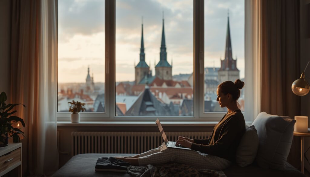 Pessoa trabalhando remotamente em laptop em apartamento moderno com vista para a cidade de Tallinn ao fundo
