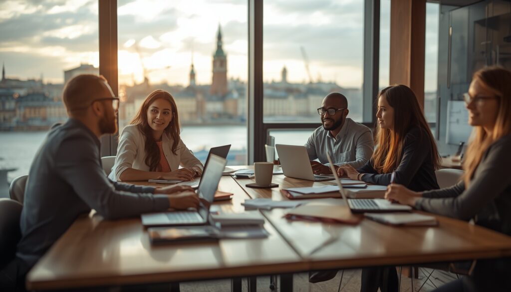 Trabalhar na Suécia em 2026: Guia Completo para Brasileiros Grupo de profissionais multiculturais em reunião de trabalho em escritório escandinavo moderno, representando a comunidade de brasileiros que trabalham na Suécia