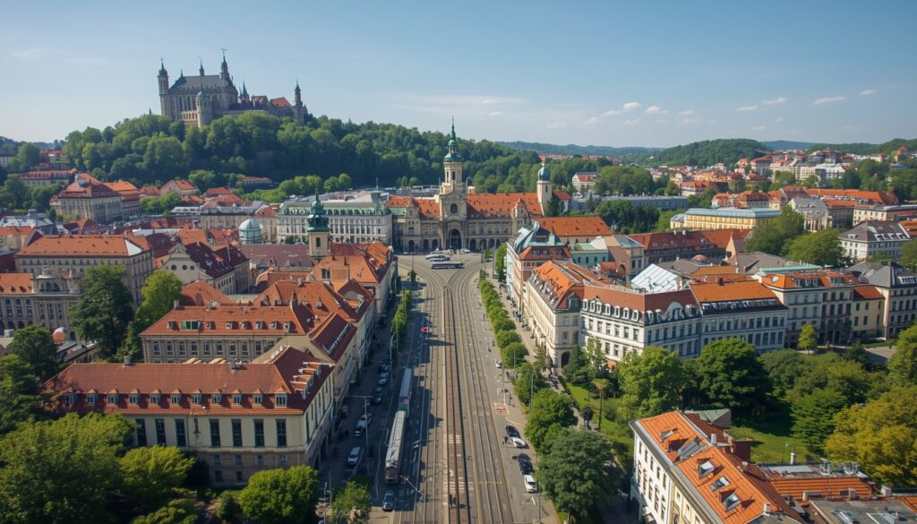 Vista aérea do centro histórico de Brno na República Tcheca em dia ensolarado com o Castelo de Špilberk na colina e bondes modernos nas ruas arborizada