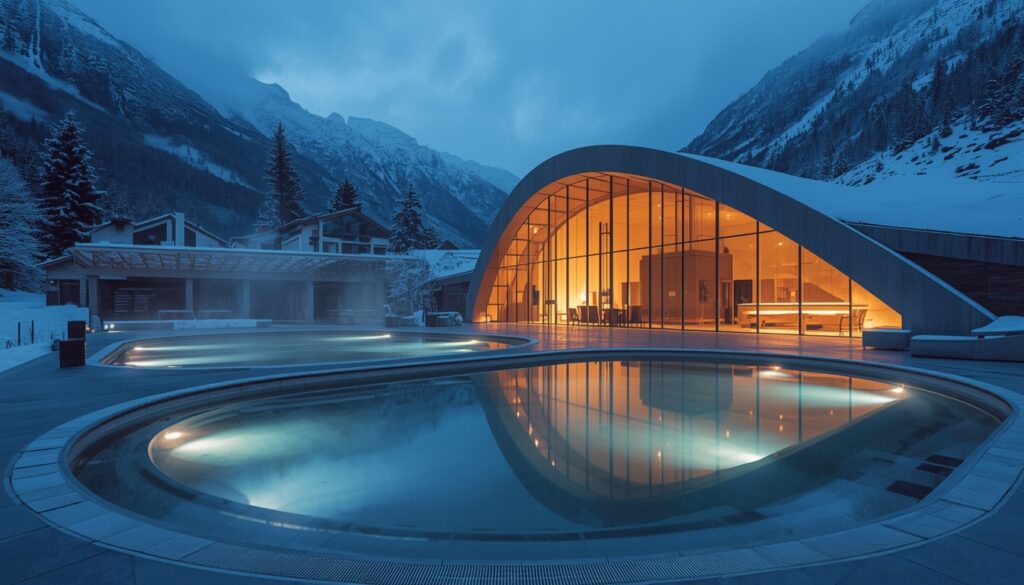 Complexo termal Caldea em Andorra la Vella com sua arquitetura futurista de vidro e aço refletida nas piscinas externas, maior spa termal dos Pireneus com vista para as montanhas