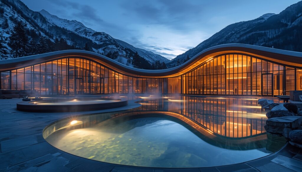 Complexo termal Caldea em Andorra la Vella com sua arquitetura futurista de vidro e aço refletida nas piscinas externas, maior spa termal dos Pireneus com vista para as montanhas