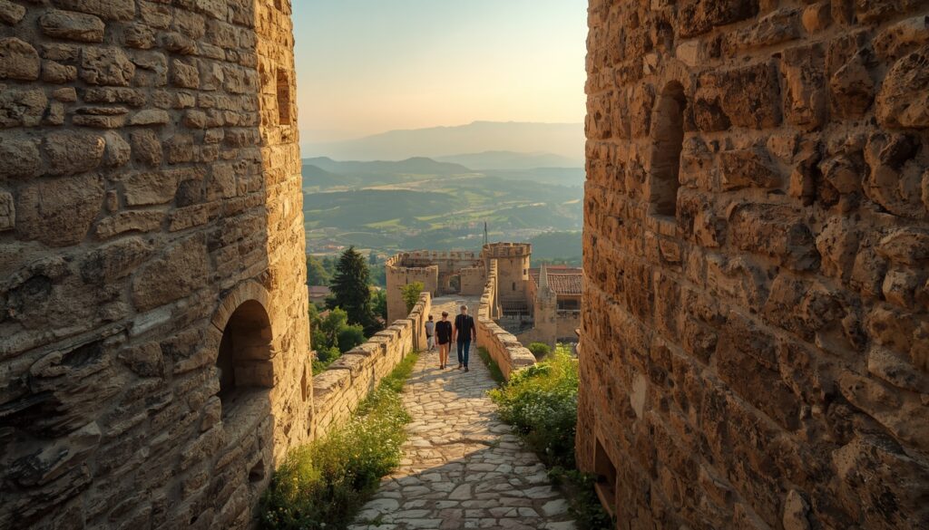 Caminho de pedra medieval entre a Torre Guaita e a Torre Cesta em San Marino com vista para os vales verdes dos Apeninos