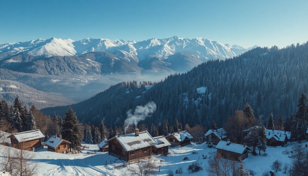 Montanhas dos Cárpatos ucranianos cobertas de neve no inverno — destino mais tranquilo da Ucrânia em 2026, a 2 horas de Lviv, com trilhas, esqui e pousadas em vilarejos tradicionais