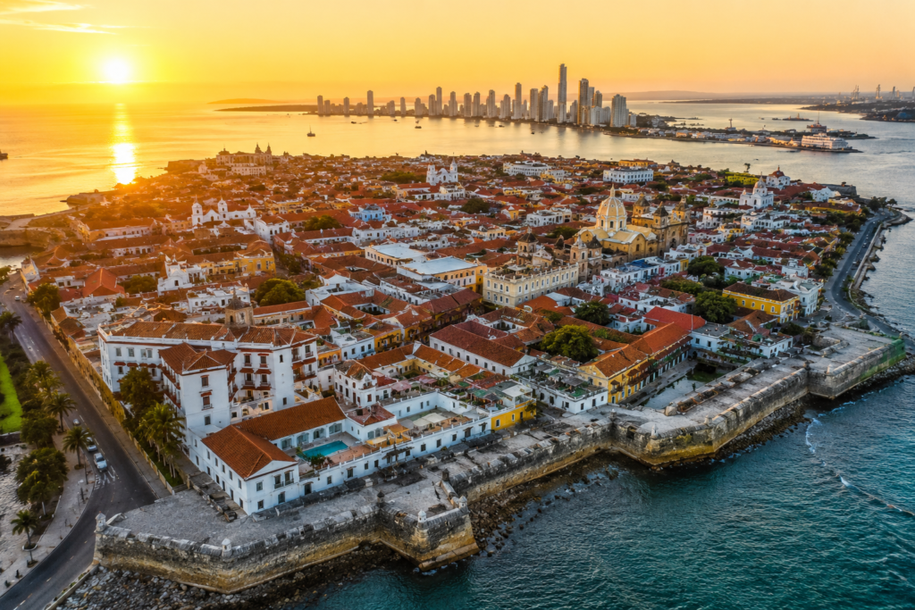 Turistas visitando o centro histórico de Cartagena, Colômbia, com seguro viagem contratado em 2026