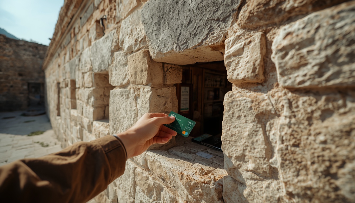 Turista usando cartão Wise para comprar bilhete em Gjirokastër, Albânia, em 2026