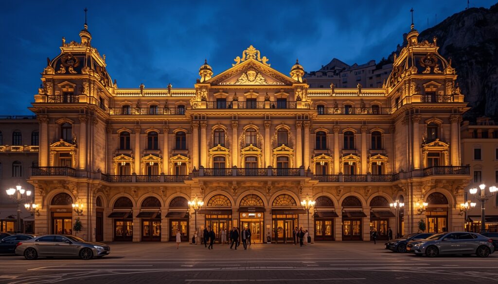 Fachada iluminada do Casino de Monte-Carlo em Mônaco à noite, com carros de luxo na praça — ponto turístico obrigatório para quem visita Mônaco