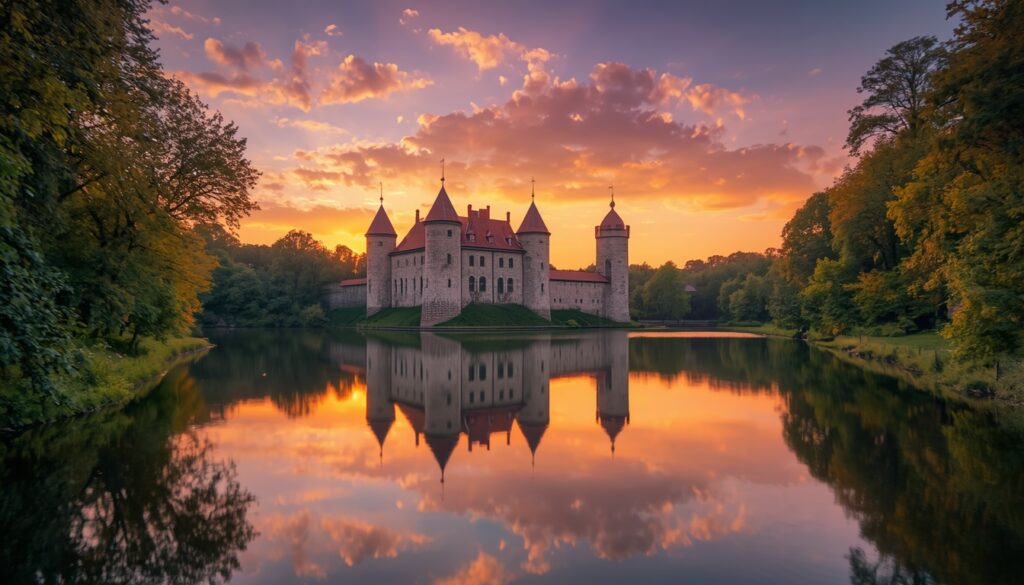 Castelo de Mir em Belarus refletido no lago ao entardecer, Patrimônio Mundial da UNESCO e ponto turístico imperdível no roteiro de quem viaja para Belarus