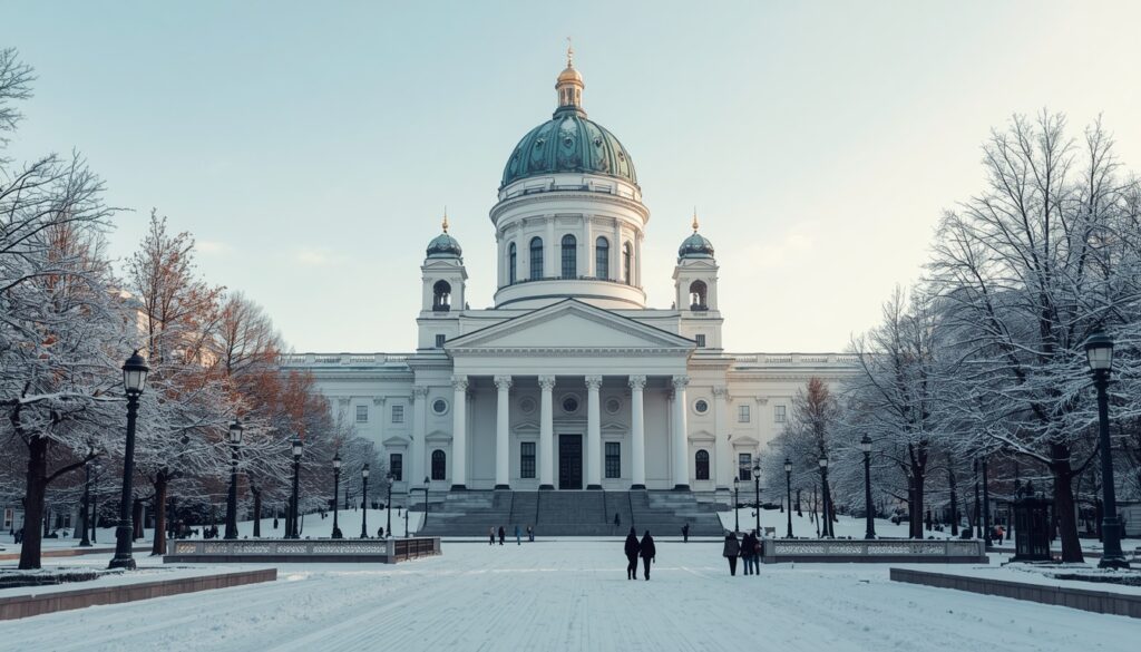 Catedral branca de Helsinki com cúpula verde coberta de neve, cartão-postal da capital finlandesa para quem viaja para a Finlândia no inverno de 2026
