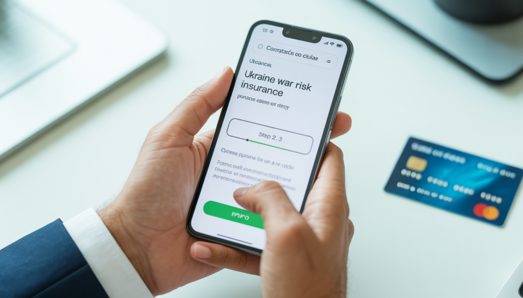 Mãos segurando celular com portal Visit Ukraine aberto mostrando opções de seguro de guerra para Ucrânia, contratação online em 2026