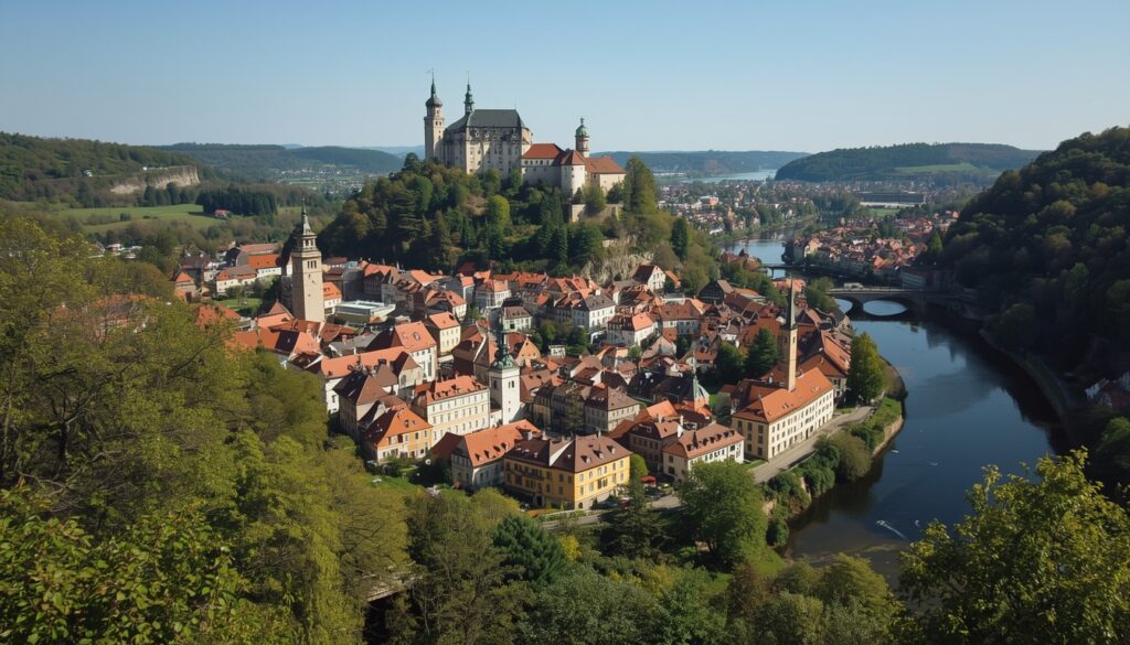 Vista panorâmica do Castelo de Praga e da Catedral de São Vito refletidos no Rio Moldava ao entardecer