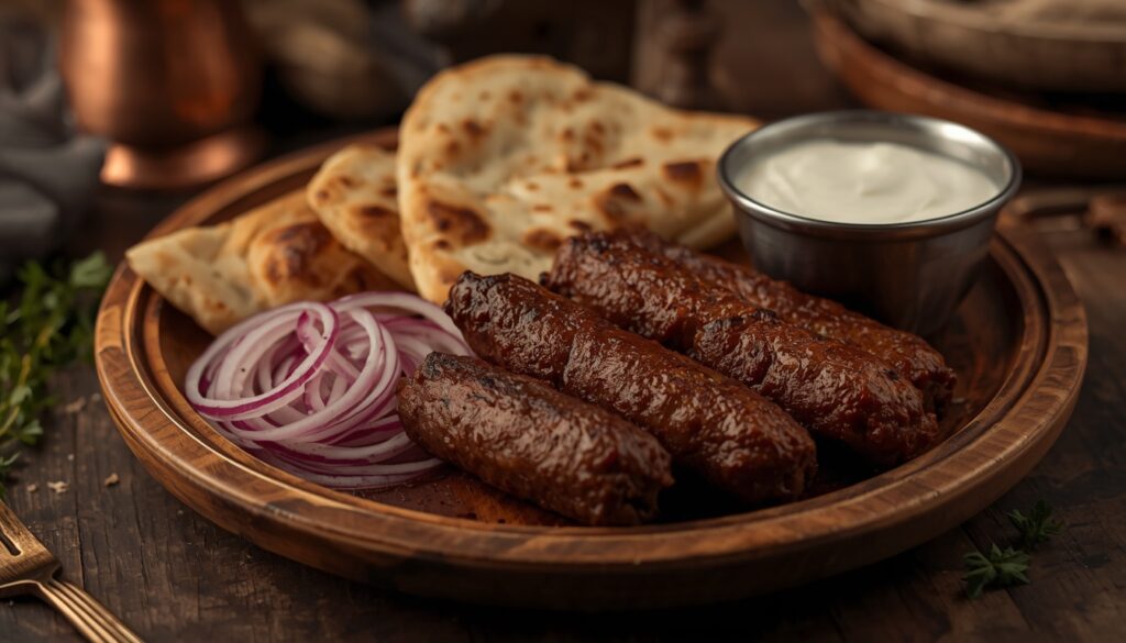 Prato tradicional de ćevapi bósnio — rolinhos de carne grelhada servidos em pão somun com cebola crua e kajmak — gastronomia típica da Bósnia e Herzegovina