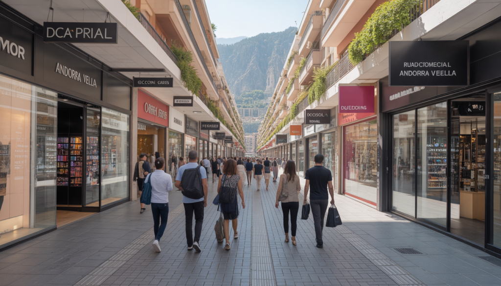 Rua comercial em Andorra la Vella com lojas de perfumes, eletrônicos e produtos de luxo sem impostos — setor que mais emprega trabalhadores estrangeiros no principado