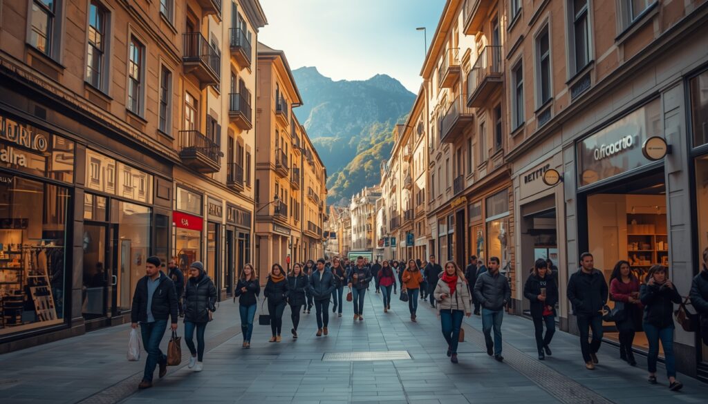 Morar em Andorra em 2026: Guia Completo para Brasileiros Avenida comercial de Andorra la Vella com lojas duty-free, turistas e moradores circulando, montanhas visíveis ao fundo