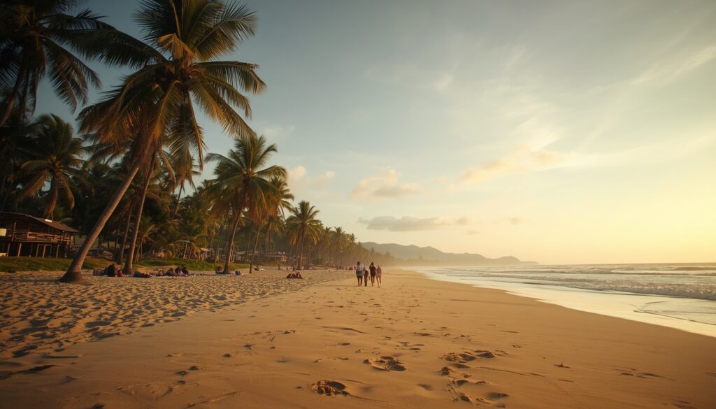 Como Morar na Guiana Francesa em 2026: Guia para Brasileiros Pessoas relaxando na areia da Praia de Rémire-Montjoly cercada por coqueiros, mostrando o lazer ao morar na Guiana Francesa.