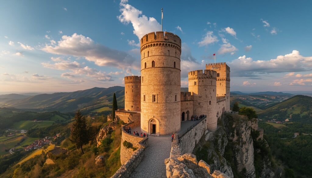 Vista panorâmica da cidade de San Marino com as Três Torres (Guaita, Cesta e Montale) ao fundo — guia completo para brasileiros que querem morar em San Marino em 2026