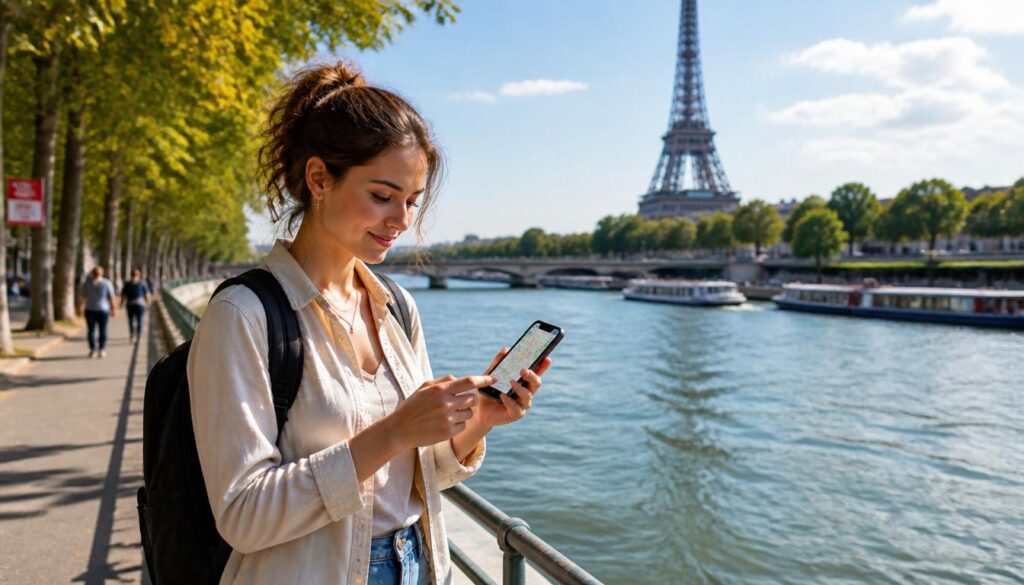 Como Ter Internet na França em 2026? Chip Físico vs eSIM Turista utilizando o smartphone com aplicativo de mapas na região do Rio Sena com a Torre Eiffel ao fundo, conectado à internet na França.