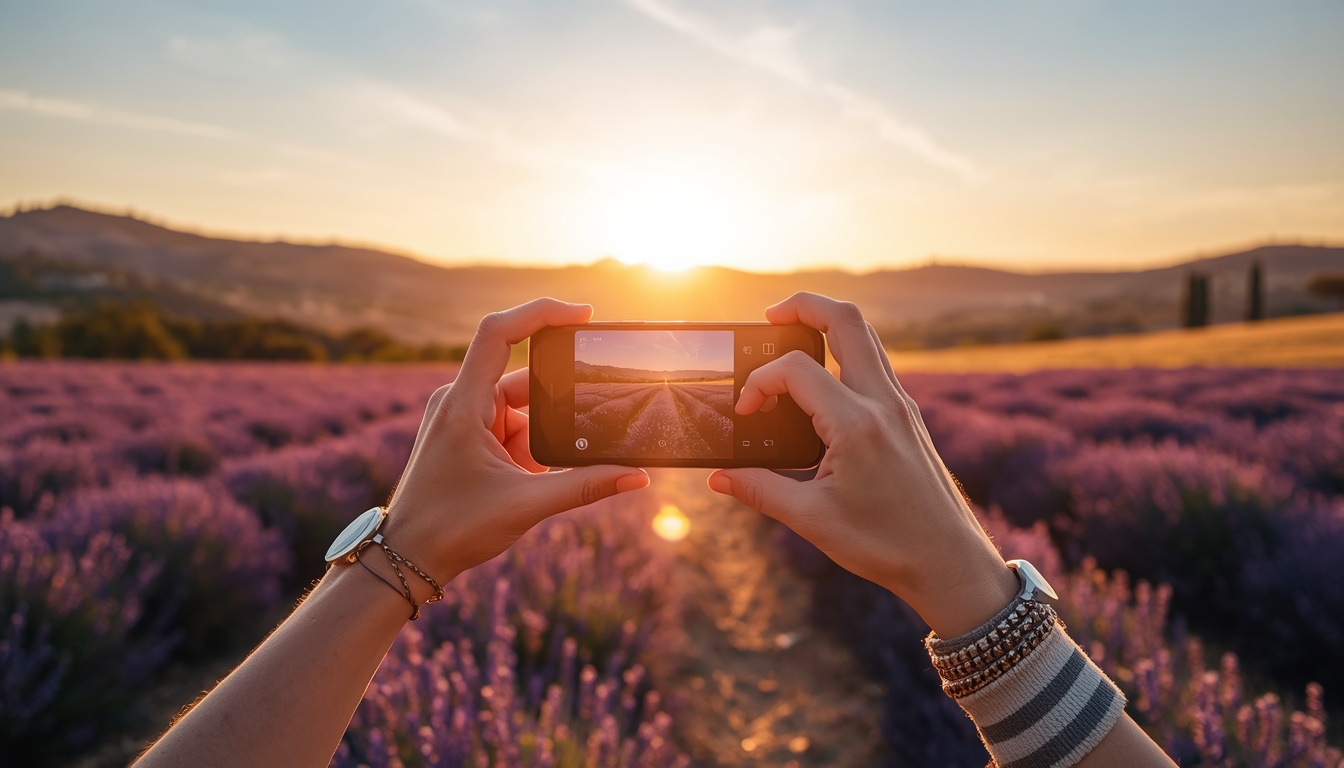Turista usando internet pelo eSIM na França durante viagem pela Provença em 2026
