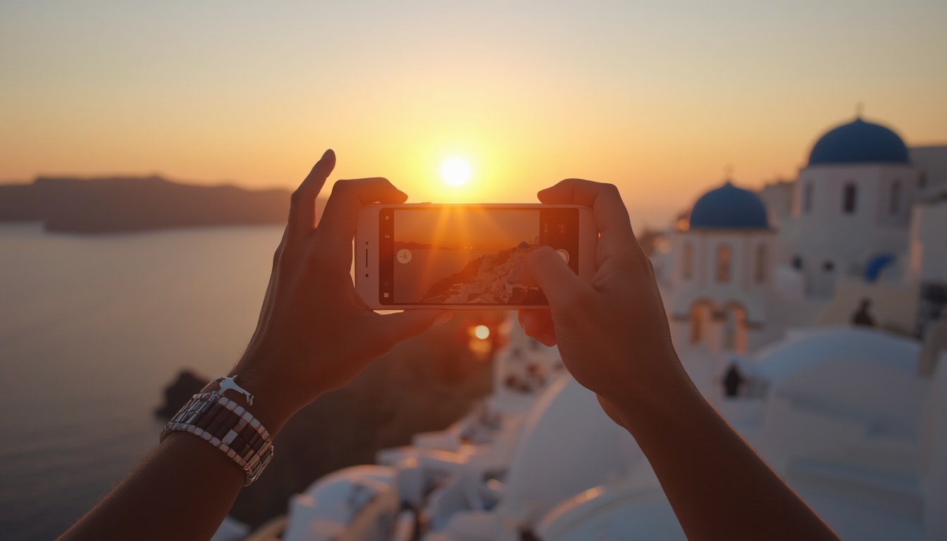 Turismo em Santorini com internet: turista usando celular com eSIM ativado em Oia, Grécia