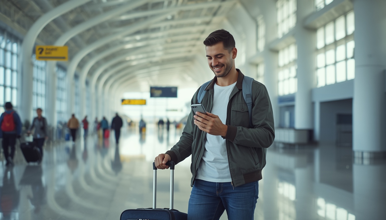 Turista brasileiro ativando eSIM no aeroporto do Canadá após o desembarque em 2026