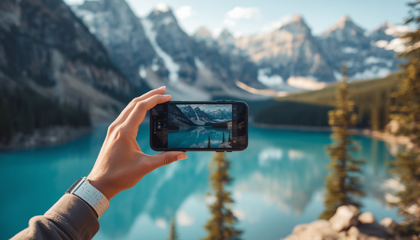 Turista com celular e eSIM nas montanhas rochosas do Canadá, Parque Nacional de Banff 2026