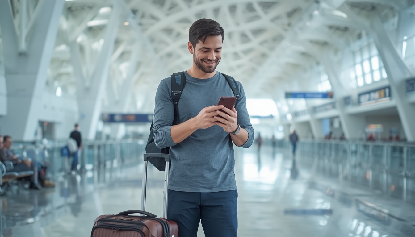 Turista no aeroporto dos EUA com eSIM ativo — internet funcionando no desembarque nos Estados Unidos