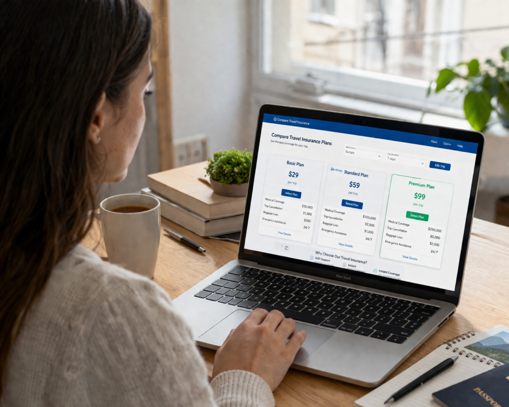 Notebook exibindo comparador de seguros viagem para a Bélgica com diferentes planos, coberturas e preços lado a lado