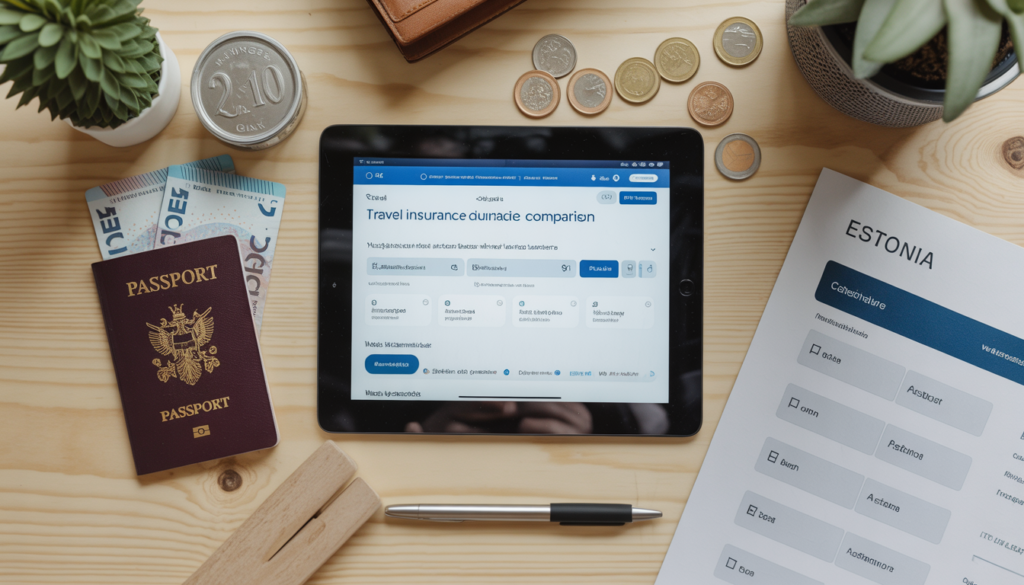 Pessoa comparando planos de seguro viagem para a Estônia em tablet — coberturas e preços para brasileiros em 2026