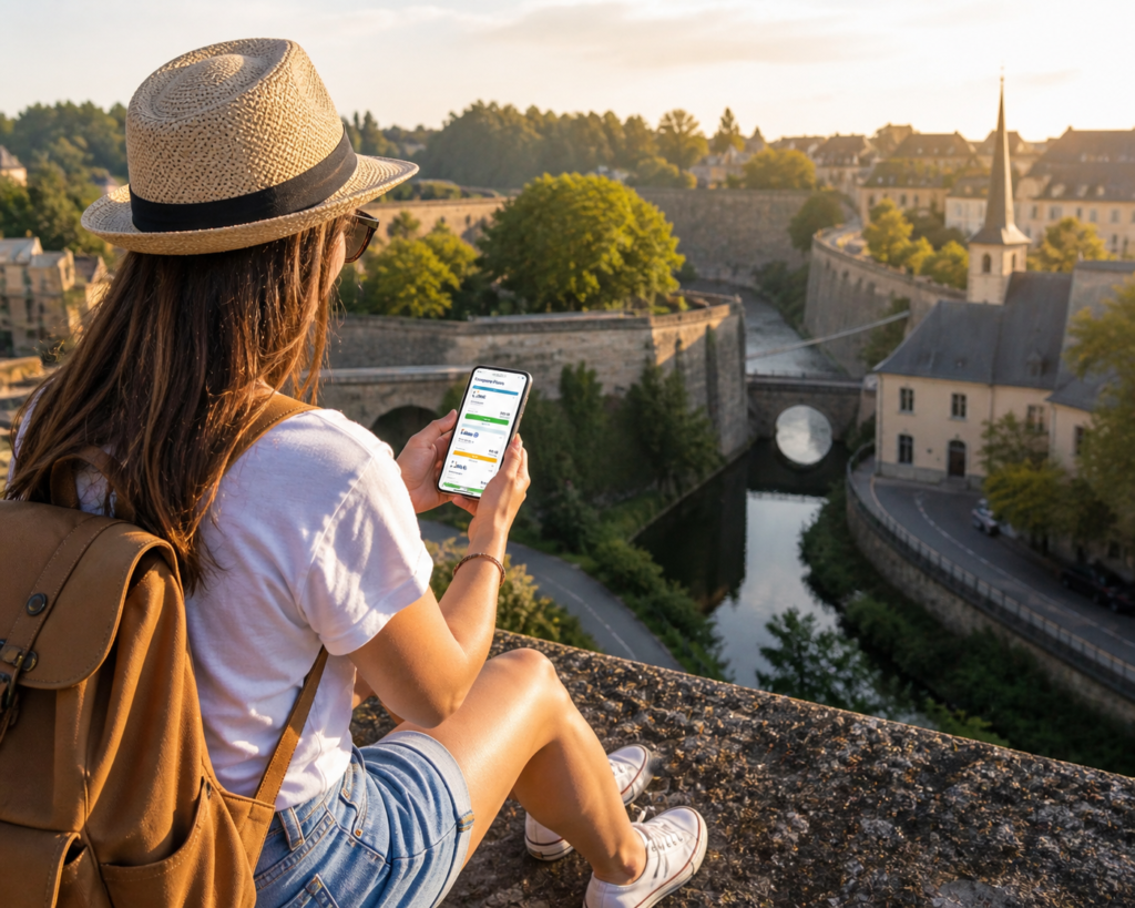 Viajante comparando planos de seguro viagem para Luxemburgo no celular com a paisagem do vale do Alzette ao fundo, planejamento de viagem para Europa em 2026