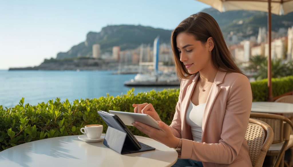 Pessoa usando tablet para comparar planos de seguro viagem para Mônaco em site de comparação, xícara de café ao lado
