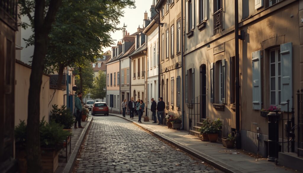 trabalhar em Luxemburgo Rua residencial tranquila em Luxemburgo com moradores conversando, representando a comunidade lusófona que vive e trabalha no país europeu