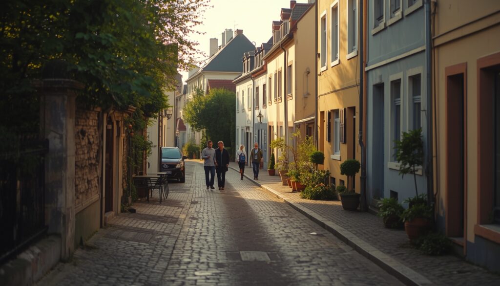 Rua residencial tranquila em Luxemburgo com moradores conversando, representando a comunidade lusófona que vive e trabalha no país europeu
