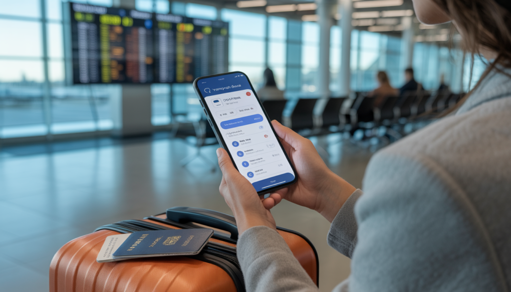 Viajante brasileiro verificando apólice de seguro viagem Rússia no celular antes de embarcar — como escolher o melhor plano de seguro com cobertura declarada para a Rússia em 2026