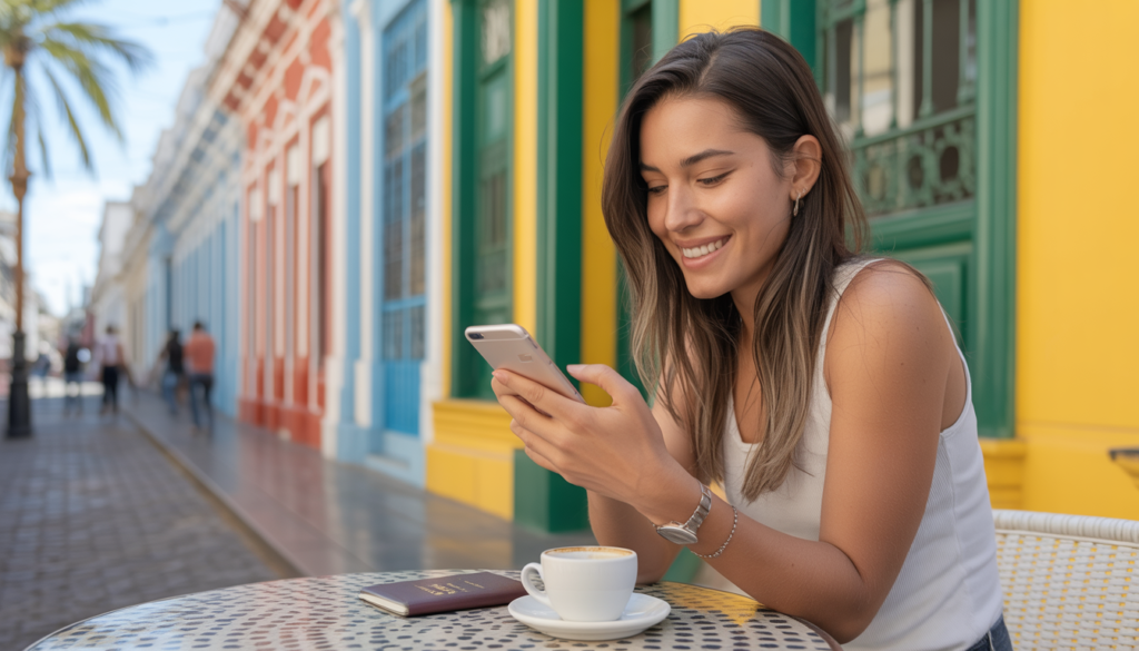 Viajante brasileiro consultando comparador de seguro viagem para o Uruguai no celular — como escolher o melhor plano de seguro viagem Uruguai 2026