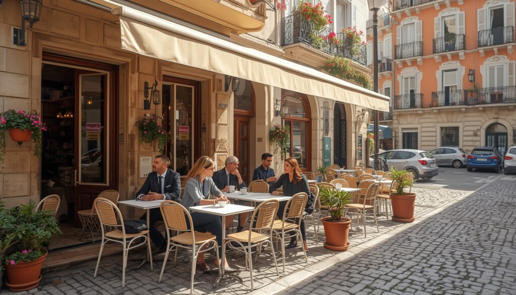Moradores tomando café em terraço de bistrô local em Mônaco com vista para rua movimentada do principado, cotidiano real de quem vive no menor país da Europa