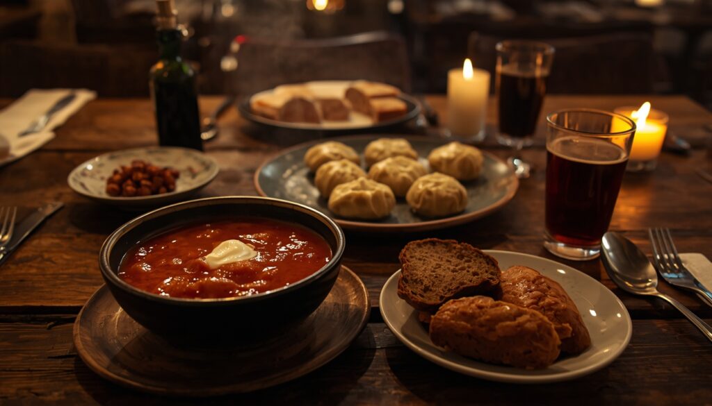 Mesa com pratos típicos russos como borscht e pelmeni em restaurante local de Moscou, representando a alimentação acessível de quem mora na Rússia