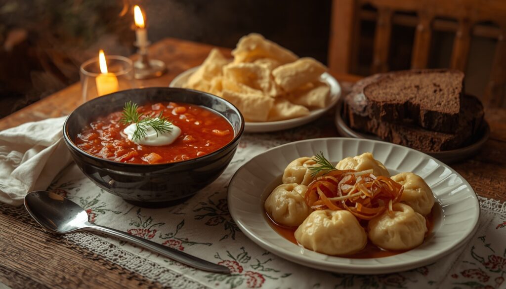 rato de varenyky e tigela de borscht vermelho sobre mesa de madeira com bordado ucraniano, culinária típica da Ucrânia acessível e saborosa para quem mora no país